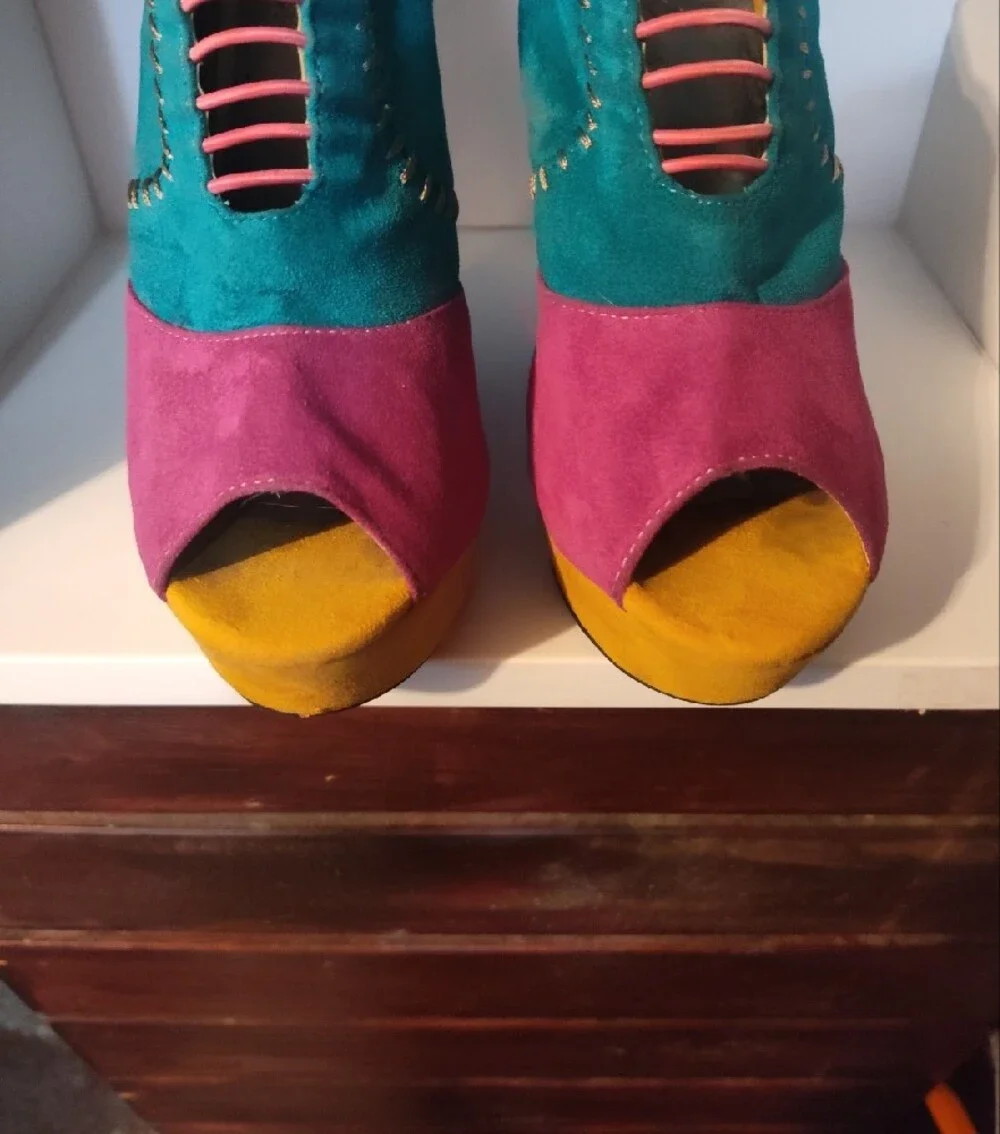 Colorblock faux Suede Wedge Peep Toe Heels in Teal, Magenta & Mustard